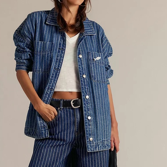 Free People Jackets & Blazers - NWT Free People We The Free Madison City Pinstripe Denim Jacket Size Large